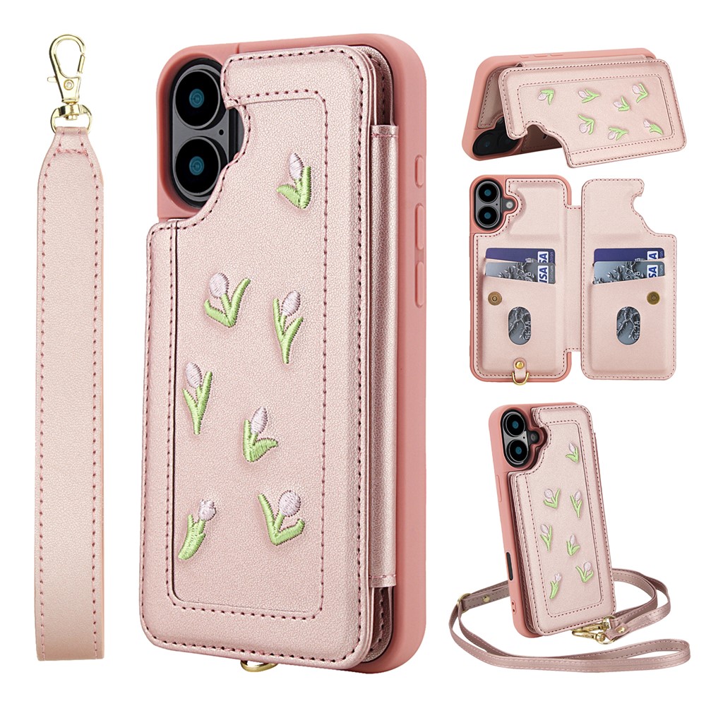 For iPhone 16 Plus Case Embroidered Tulips PU Leather Card Holder Back Cover with Shoulder Strap / Wrist Strap - Pink
