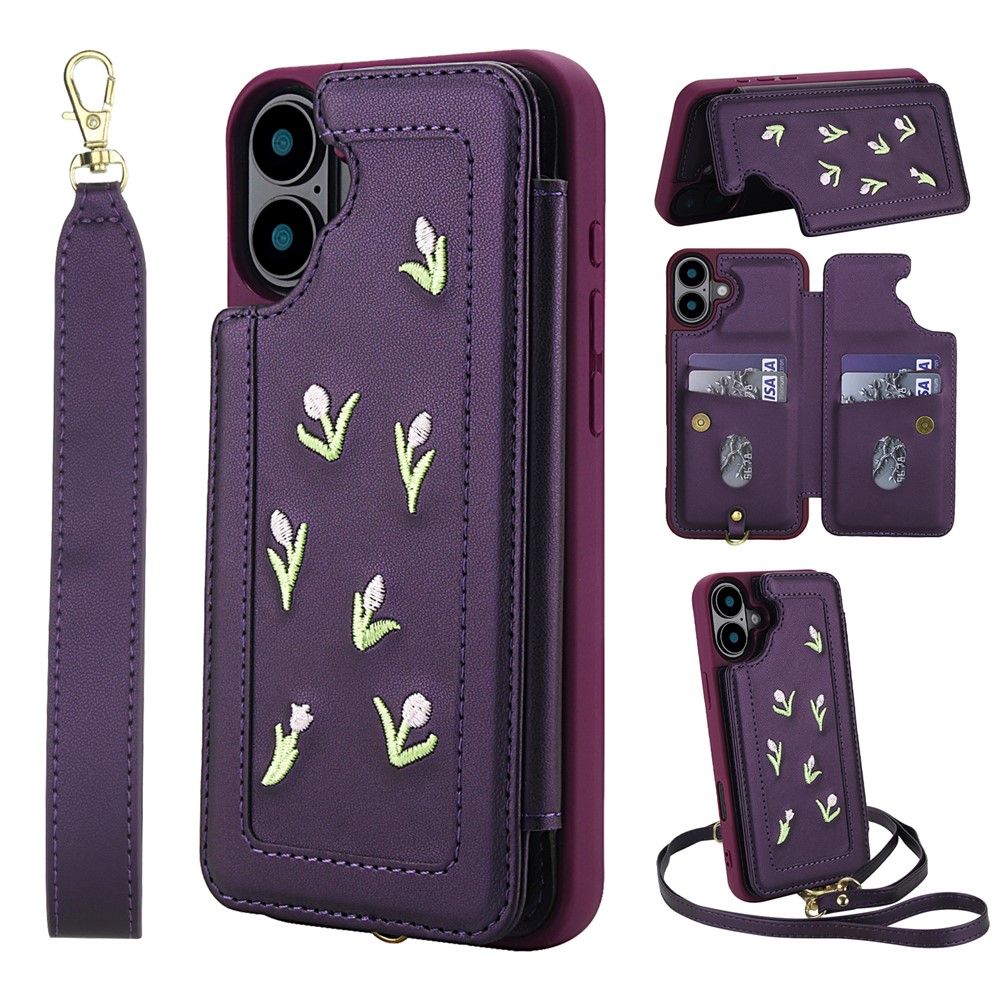 For iPhone 16 Plus Case Embroidered Tulips PU Leather Card Holder Back Cover with Shoulder Strap / Wrist Strap - Purple