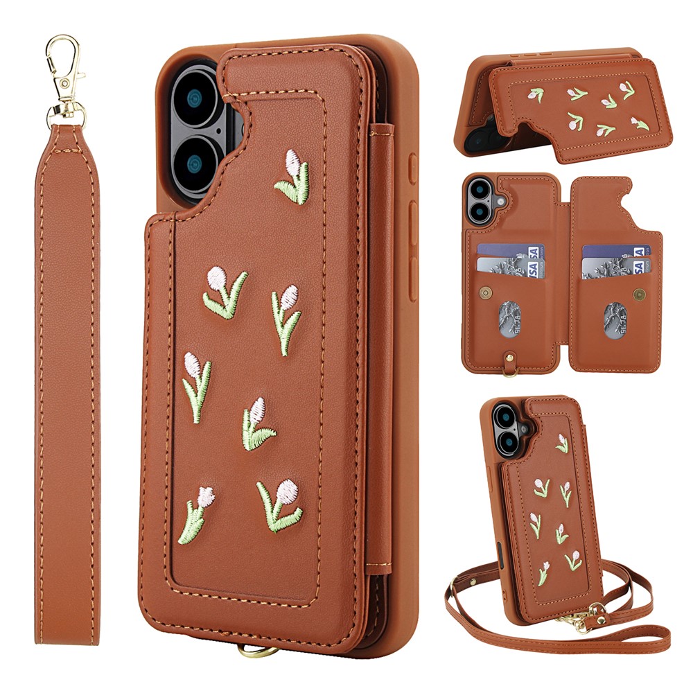 For iPhone 16 Plus Case Embroidered Tulips PU Leather Card Holder Back Cover with Shoulder Strap / Wrist Strap - Brown
