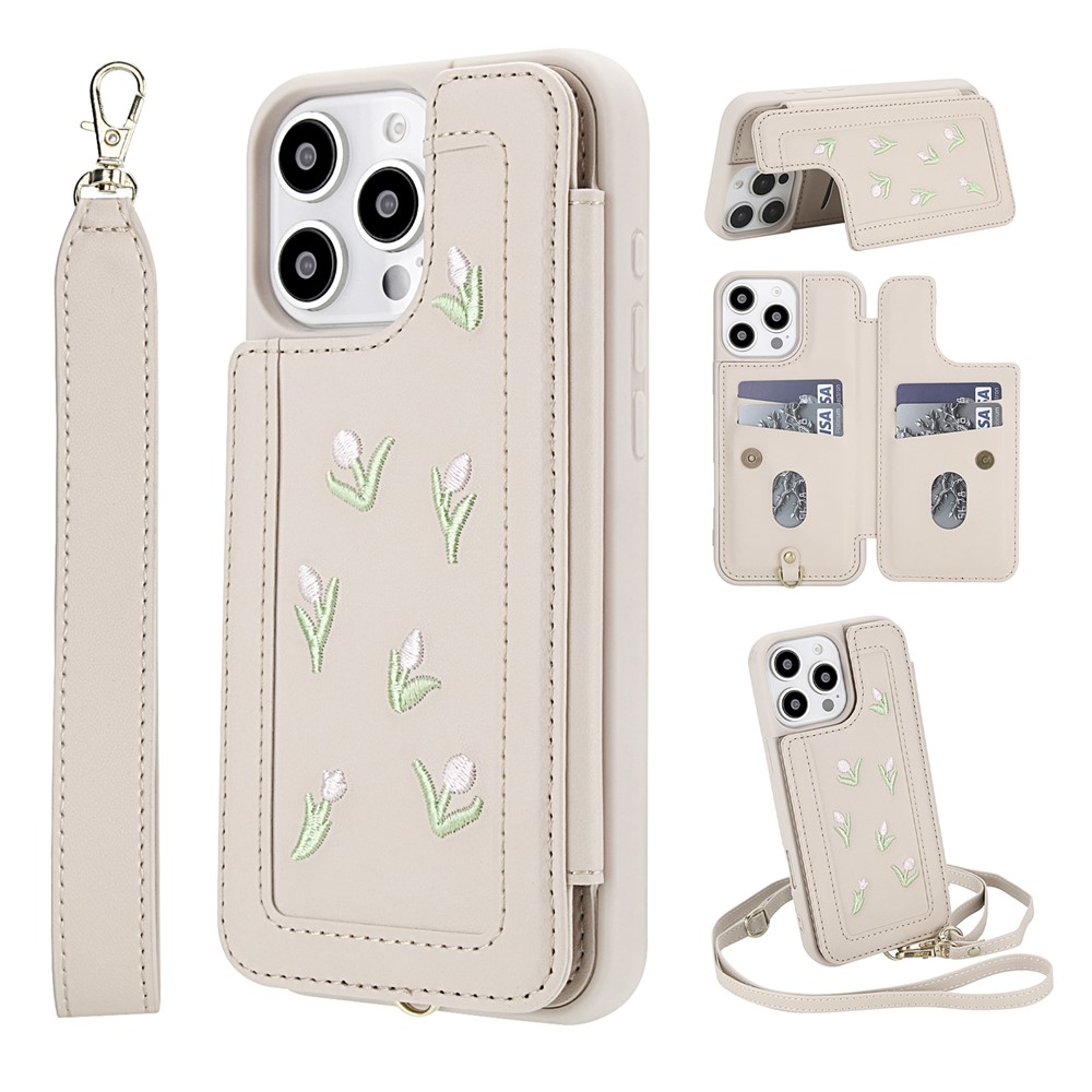 For iPhone 16 Pro Case Embroidered Tulips PU Leather Card Holder Back Cover with Shoulder Strap / Wrist Strap - Beige