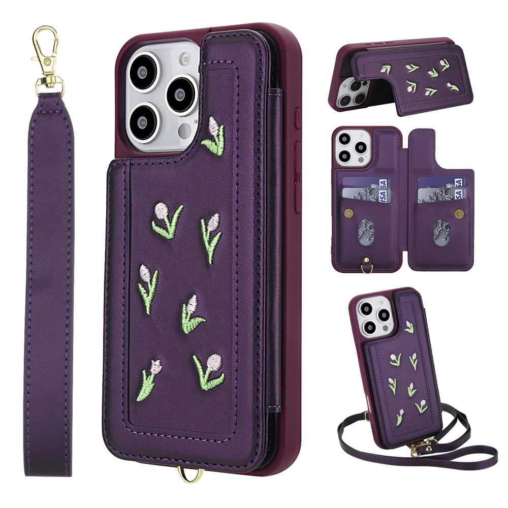 For iPhone 16 Pro Case Embroidered Tulips PU Leather Card Holder Back Cover with Shoulder Strap / Wrist Strap - Purple
