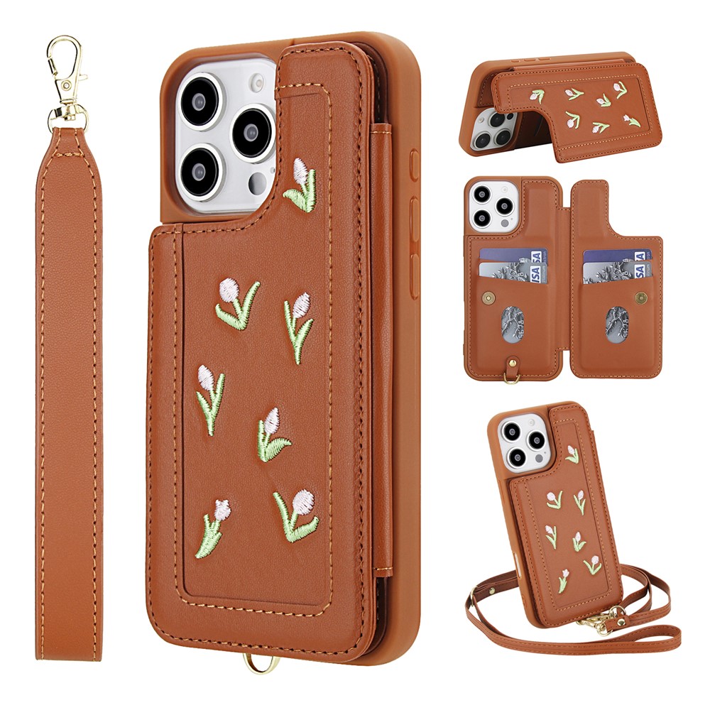 For iPhone 16 Pro Case Embroidered Tulips PU Leather Card Holder Back Cover with Shoulder Strap / Wrist Strap - Brown