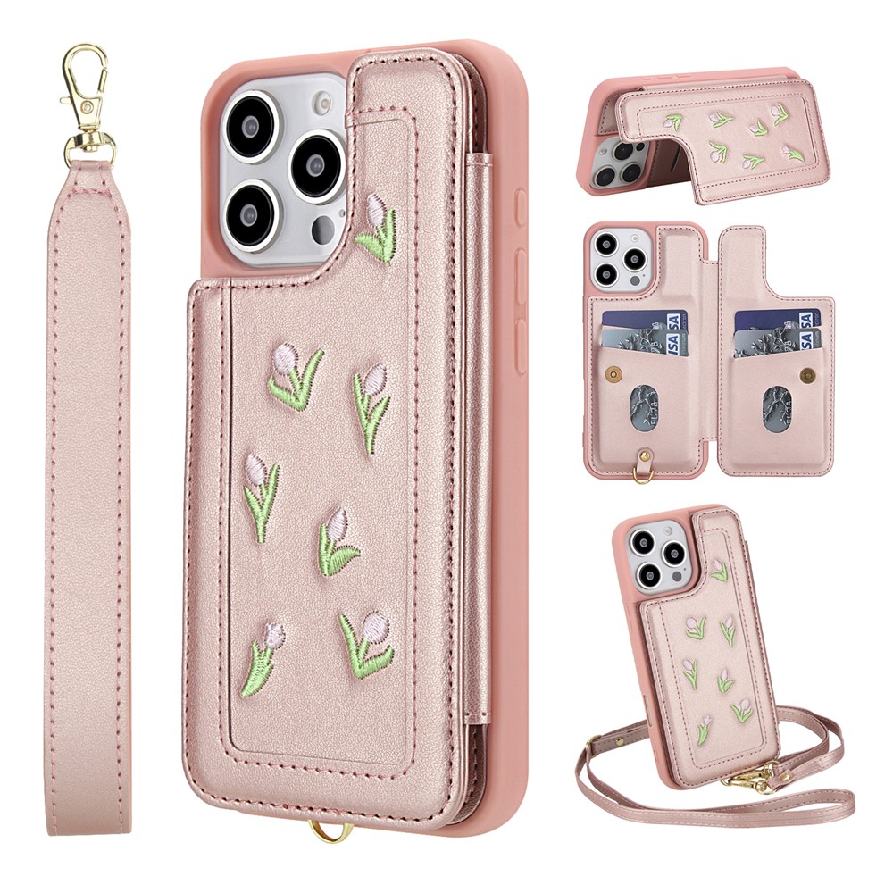For iPhone 16 Pro Max Case Embroidered Tulips PU Leather Card Holder Back Cover with Shoulder Strap / Wrist Strap - Pink