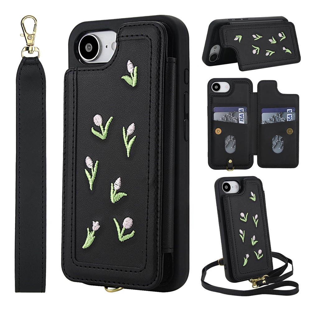 For iPhone 16e Case Embroidered Tulips PU Leather Card Holder Back Cover with Shoulder Strap / Wrist Strap - Black