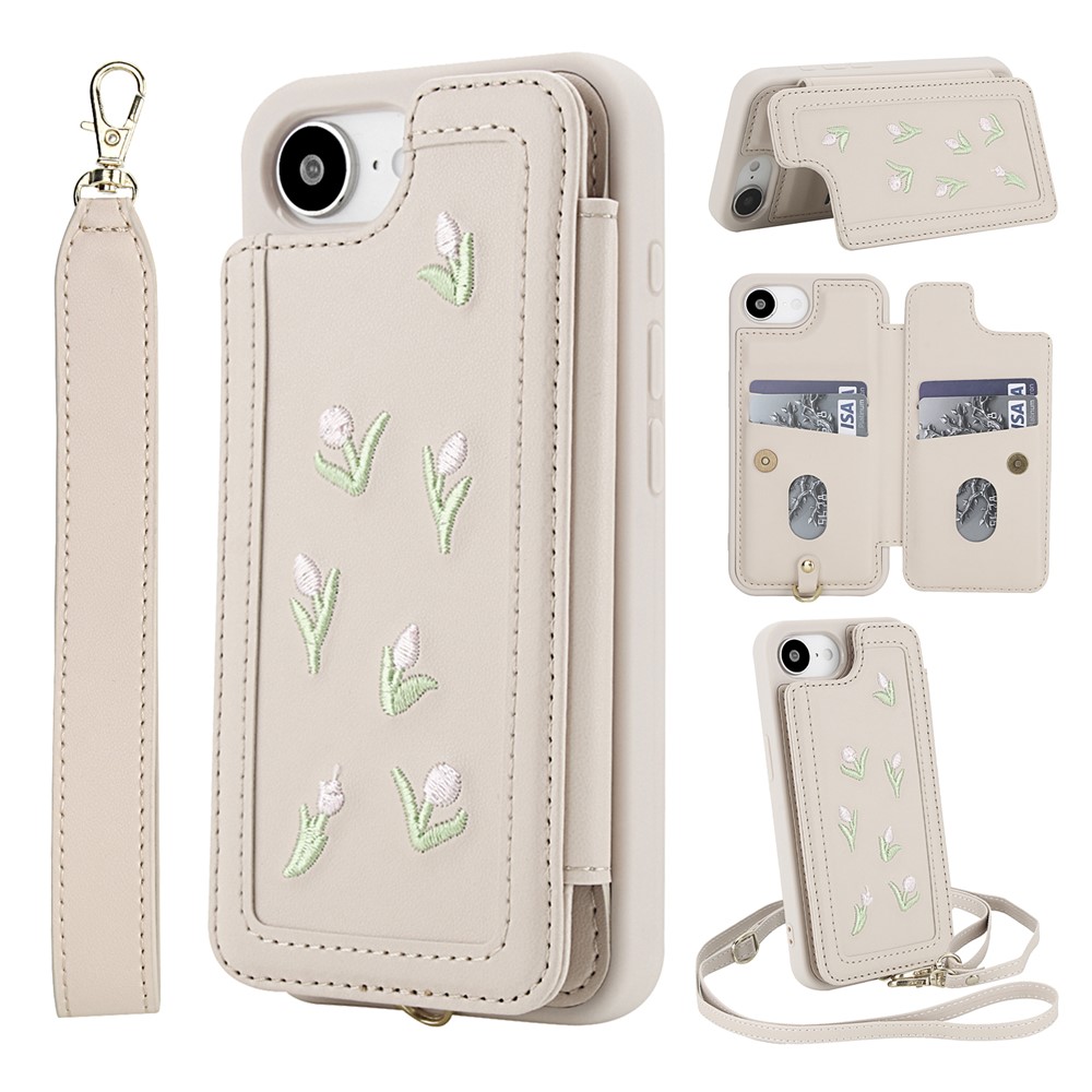 For iPhone 16e Case Embroidered Tulips PU Leather Card Holder Back Cover with Shoulder Strap / Wrist Strap - Beige
