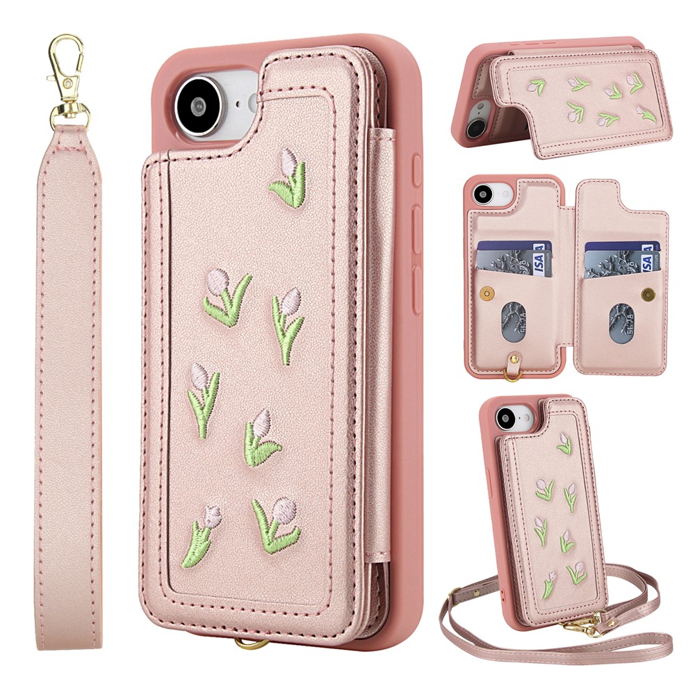 For iPhone 16e Case Embroidered Tulips PU Leather Card Holder Back Cover with Shoulder Strap / Wrist Strap - Pink