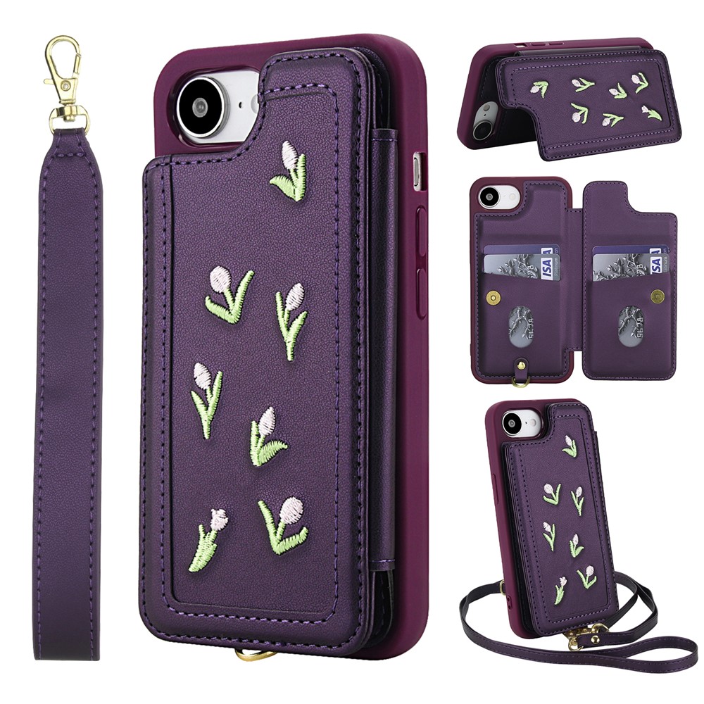 For iPhone 16e Case Embroidered Tulips PU Leather Card Holder Back Cover with Shoulder Strap / Wrist Strap - Purple
