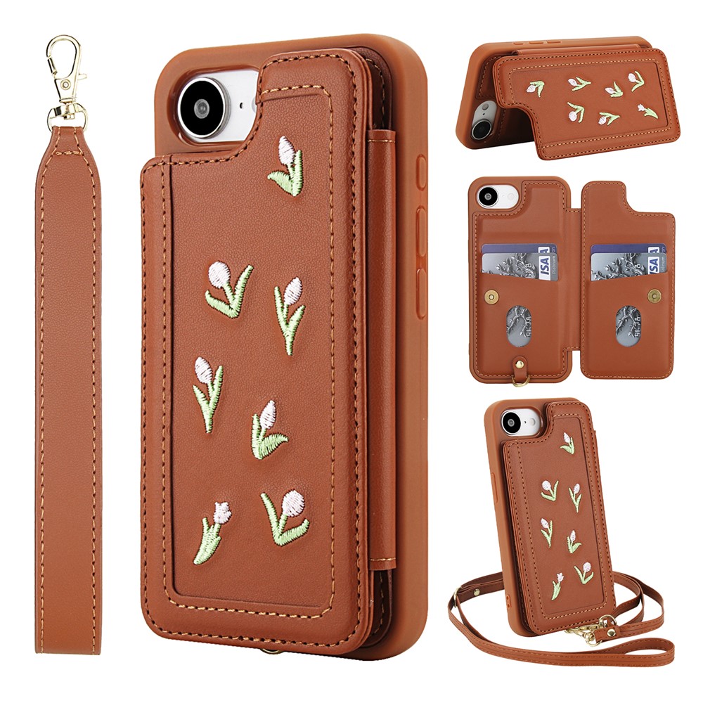 For iPhone 16e Case Embroidered Tulips PU Leather Card Holder Back Cover with Shoulder Strap / Wrist Strap - Brown