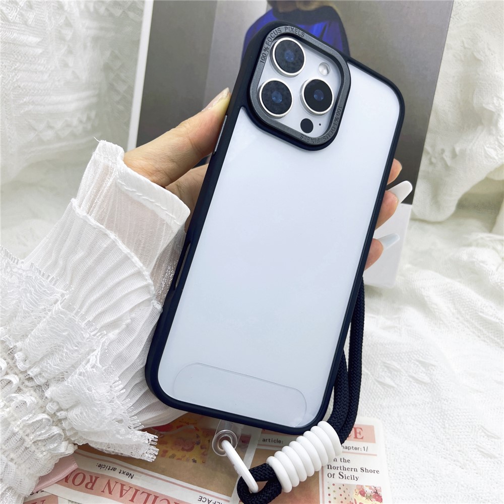 For iPhone 16 Pro Max Case Skin-Touch TPU + PC Clear Phone Back Cover with Wrist Strap - Black