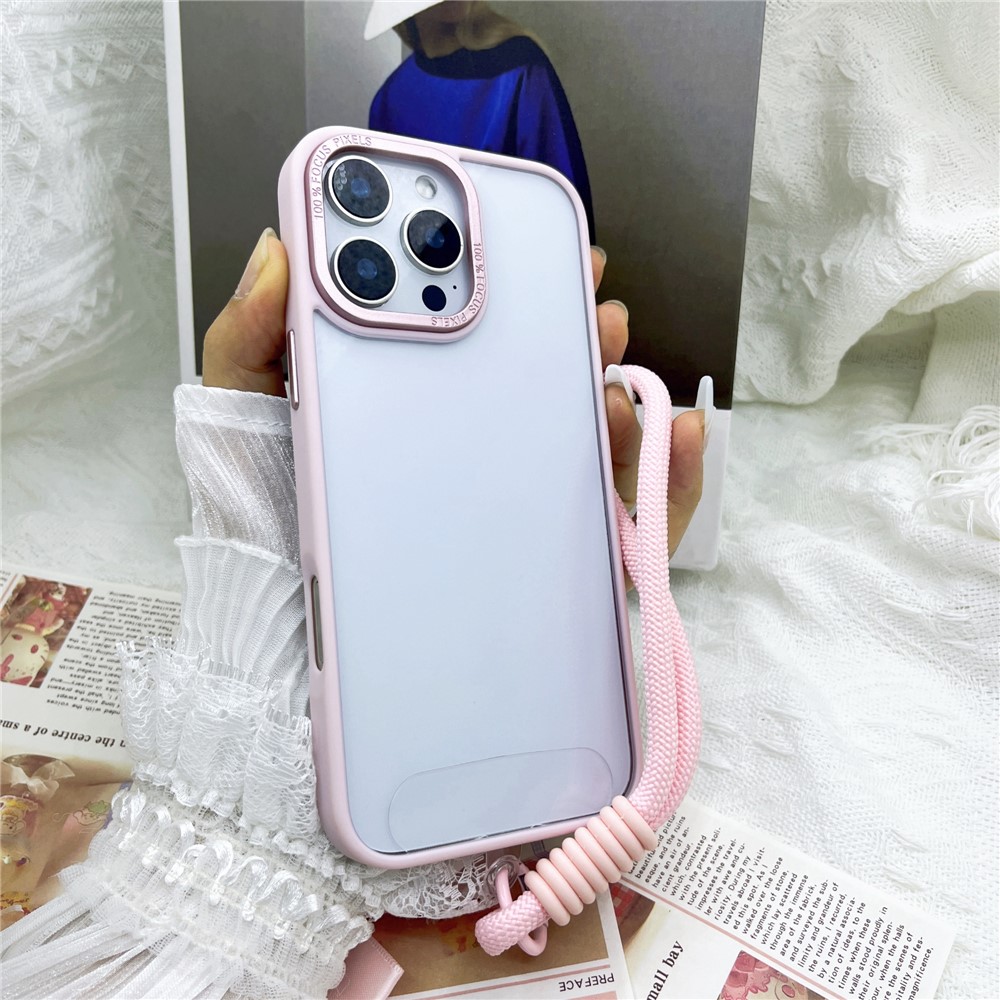 For iPhone 16 Pro Case Skin-Touch TPU + PC Clear Phone Back Cover with Wrist Strap - Pink