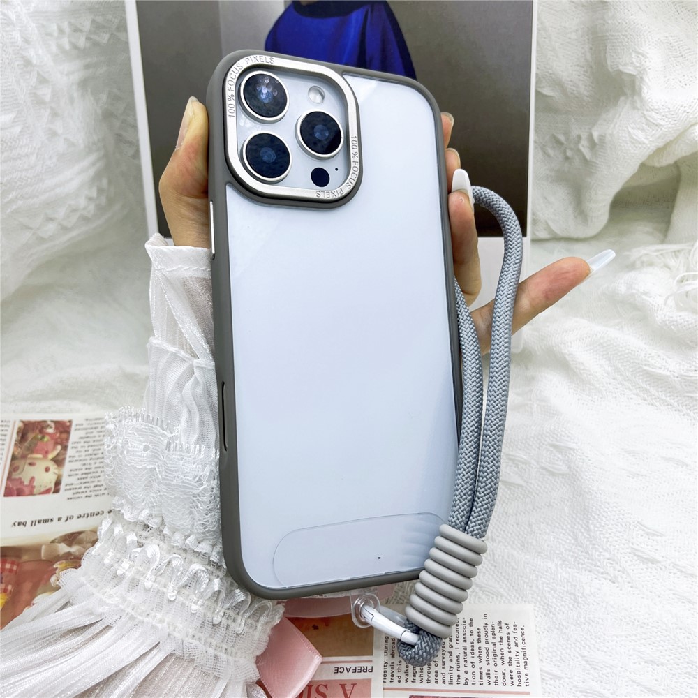 For iPhone 16 Pro Case Skin-Touch TPU + PC Clear Phone Back Cover with Wrist Strap - Titanium Grey