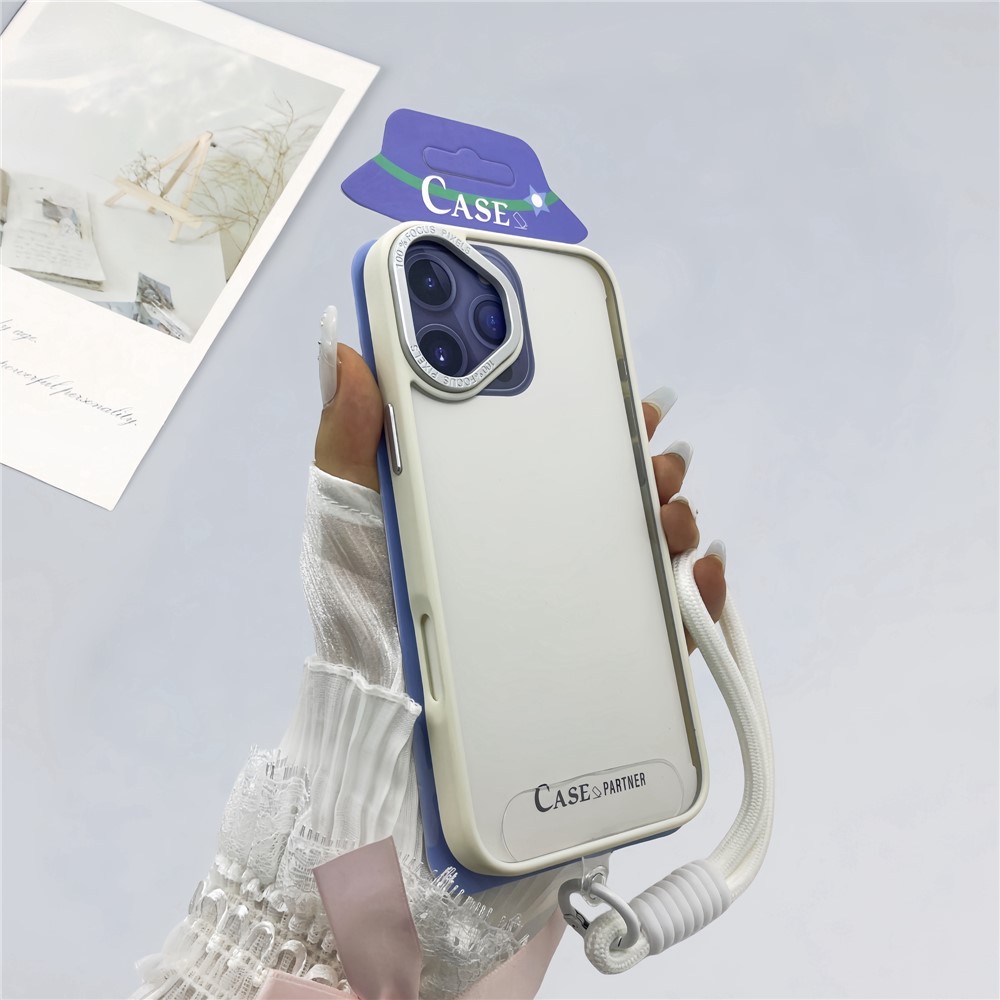 For iPhone 16 Plus Case Skin-Touch TPU + PC Clear Phone Back Cover with Wrist Strap - Antique White