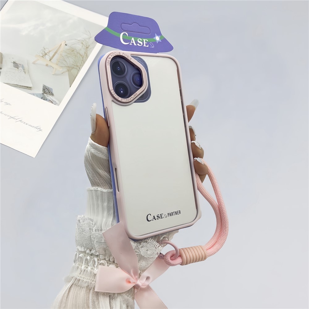 For iPhone 16 Plus Case Skin-Touch TPU + PC Clear Phone Back Cover with Wrist Strap - Pink