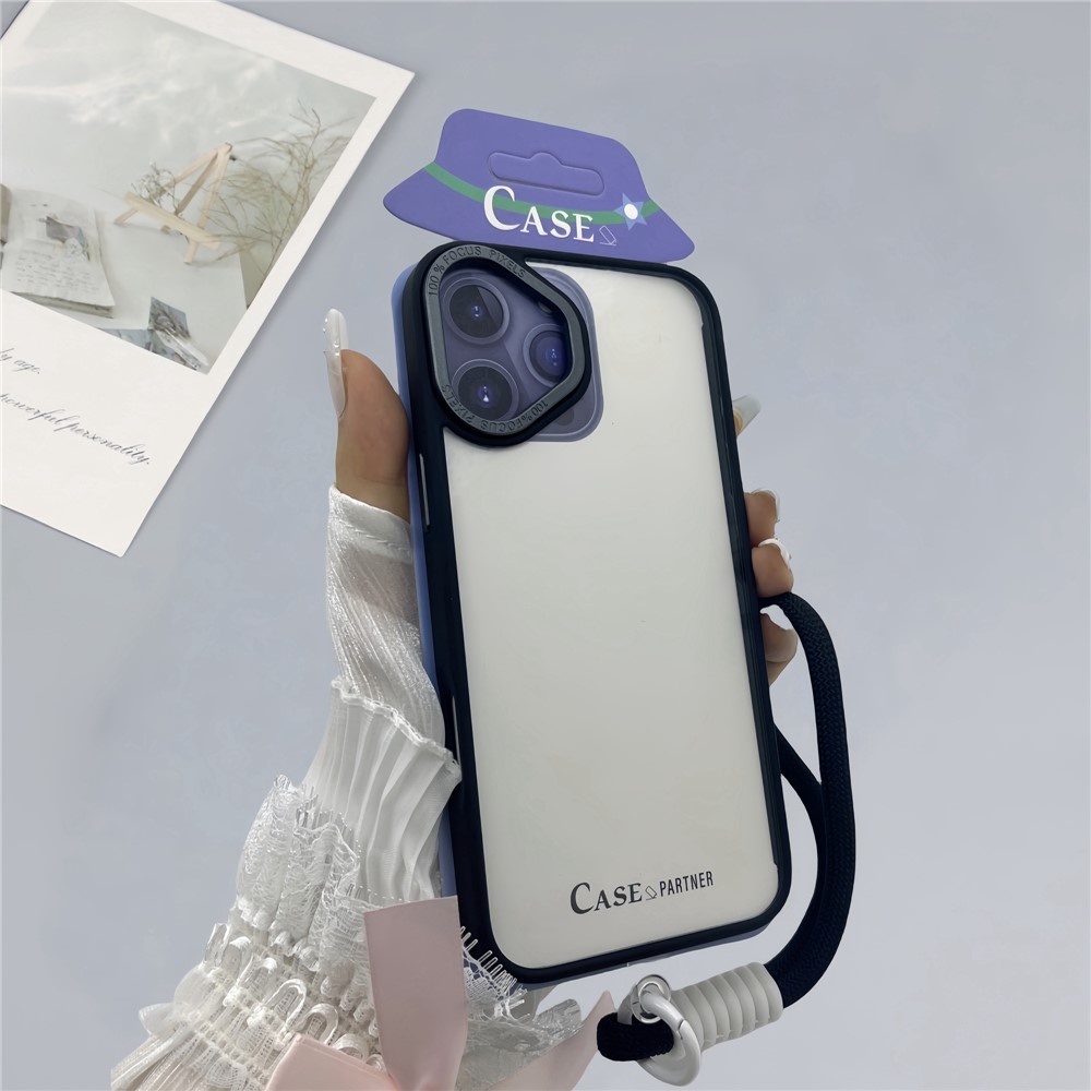 For iPhone 16 Plus Case Skin-Touch TPU + PC Clear Phone Back Cover with Wrist Strap - Black