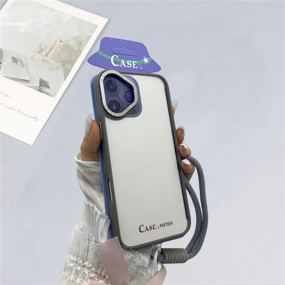 For iPhone 16 Plus Case Skin-Touch TPU + PC Clear Phone Back Cover with Wrist Strap - Titanium Grey