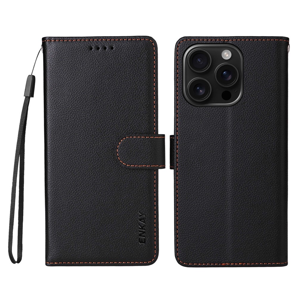 ENKAY HAT PRINCE For iPhone 16 Pro Wallet Case with Strap RFID Blocking Leather Stand Phone Cover - Black
