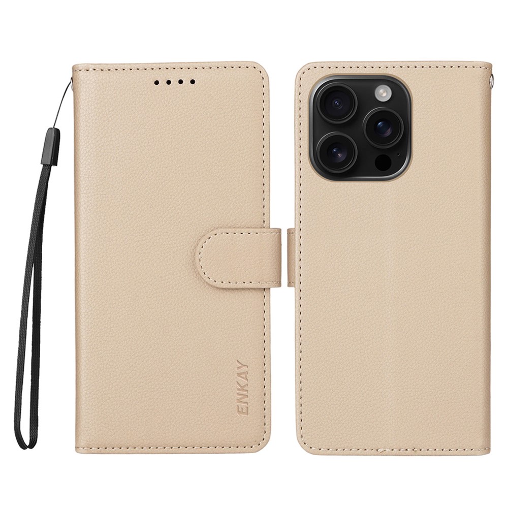 ENKAY HAT PRINCE For iPhone 16 Pro Wallet Case with Strap RFID Blocking Leather Stand Phone Cover - Beige