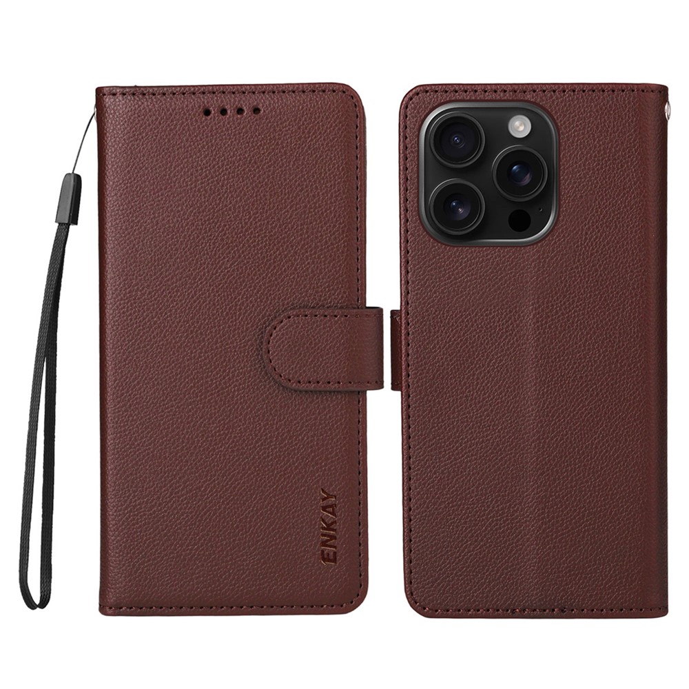 ENKAY HAT PRINCE For iPhone 16 Pro Wallet Case with Strap RFID Blocking Leather Stand Phone Cover - Brown