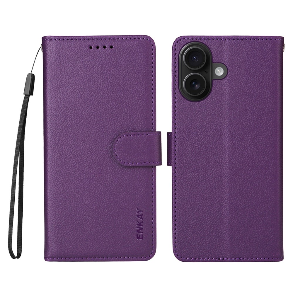ENKAY HAT PRINCE For iPhone 16 Plus Wallet Case with Strap RFID Blocking Leather Stand Phone Cover - Purple