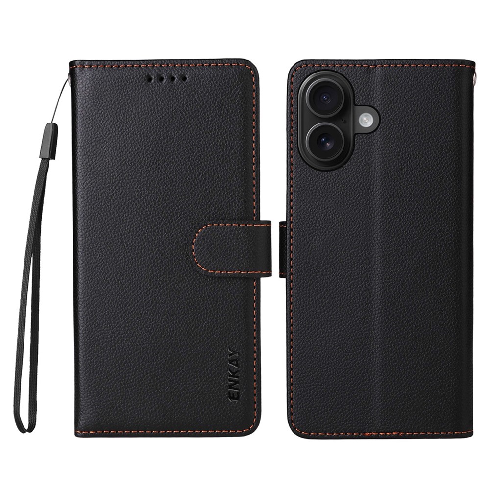 ENKAY HAT PRINCE For iPhone 16 Plus Wallet Case with Strap RFID Blocking Leather Stand Phone Cover - Black