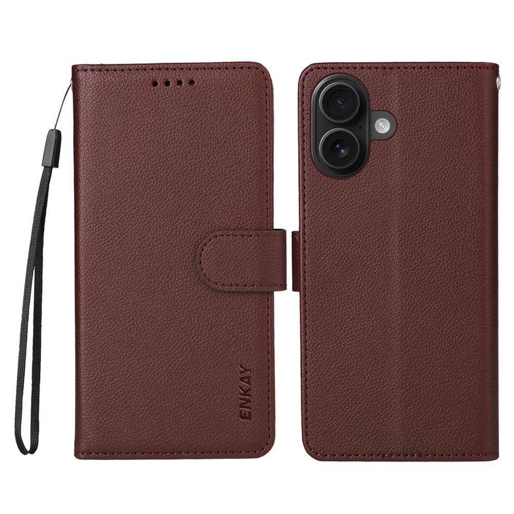 ENKAY HAT PRINCE For iPhone 16 Plus Wallet Case with Strap RFID Blocking Leather Stand Phone Cover - Brown