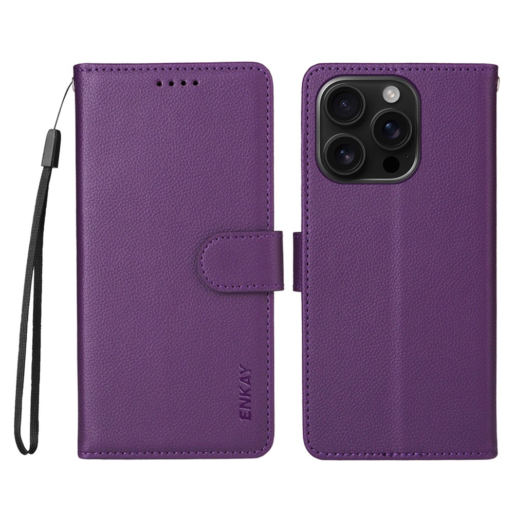 ENKAY HAT PRINCE For iPhone 16 Pro Max Wallet Case with Strap RFID Blocking Leather Stand Phone Cover - Purple