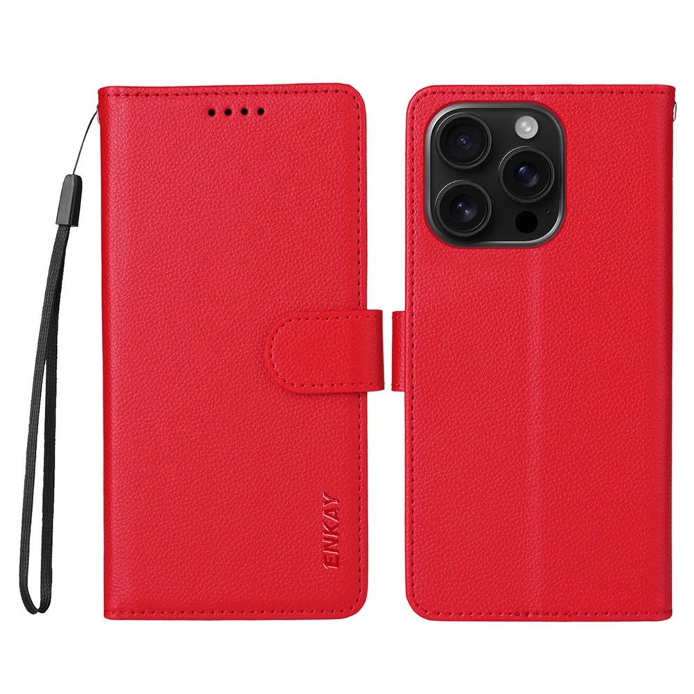 ENKAY HAT PRINCE For iPhone 16 Pro Max Wallet Case with Strap RFID Blocking Leather Stand Phone Cover - Red