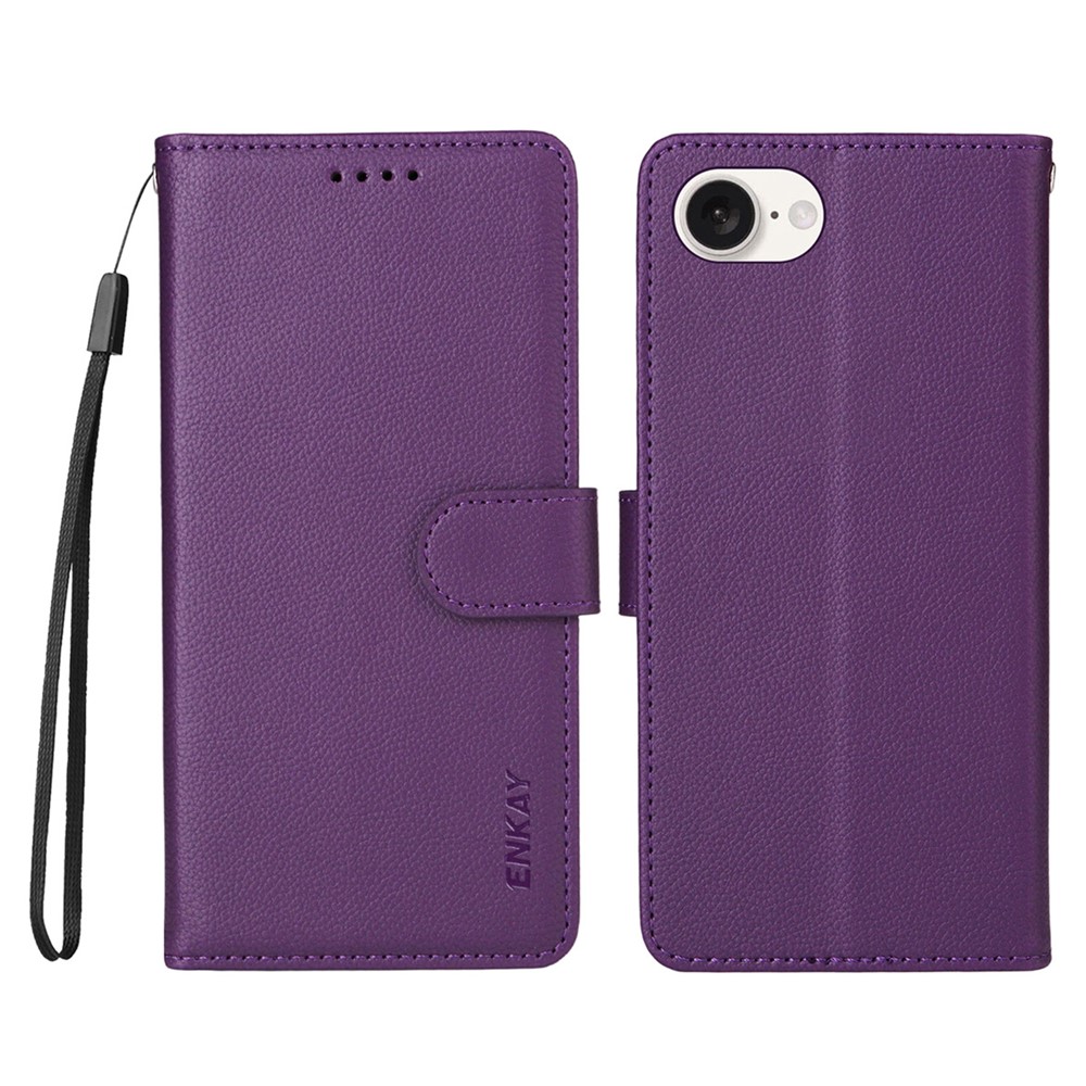 ENKAY HAT PRINCE For iPhone 16e Wallet Case with Strap RFID Blocking Leather Stand Phone Cover - Purple