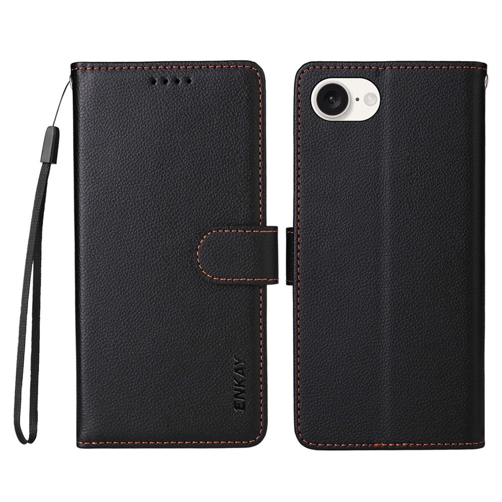 ENKAY HAT PRINCE For iPhone 16e Wallet Case with Strap RFID Blocking Leather Stand Phone Cover - Black