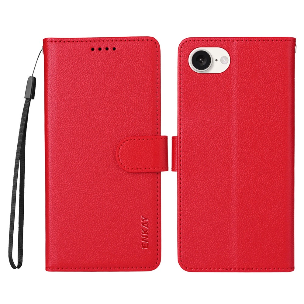 ENKAY HAT PRINCE For iPhone 16e Wallet Case with Strap RFID Blocking Leather Stand Phone Cover - Red