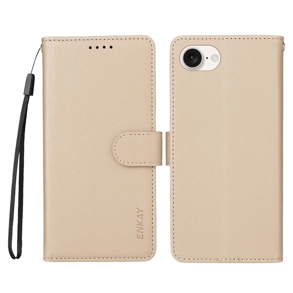 ENKAY HAT PRINCE For iPhone 16e Wallet Case with Strap RFID Blocking Leather Stand Phone Cover - Beige