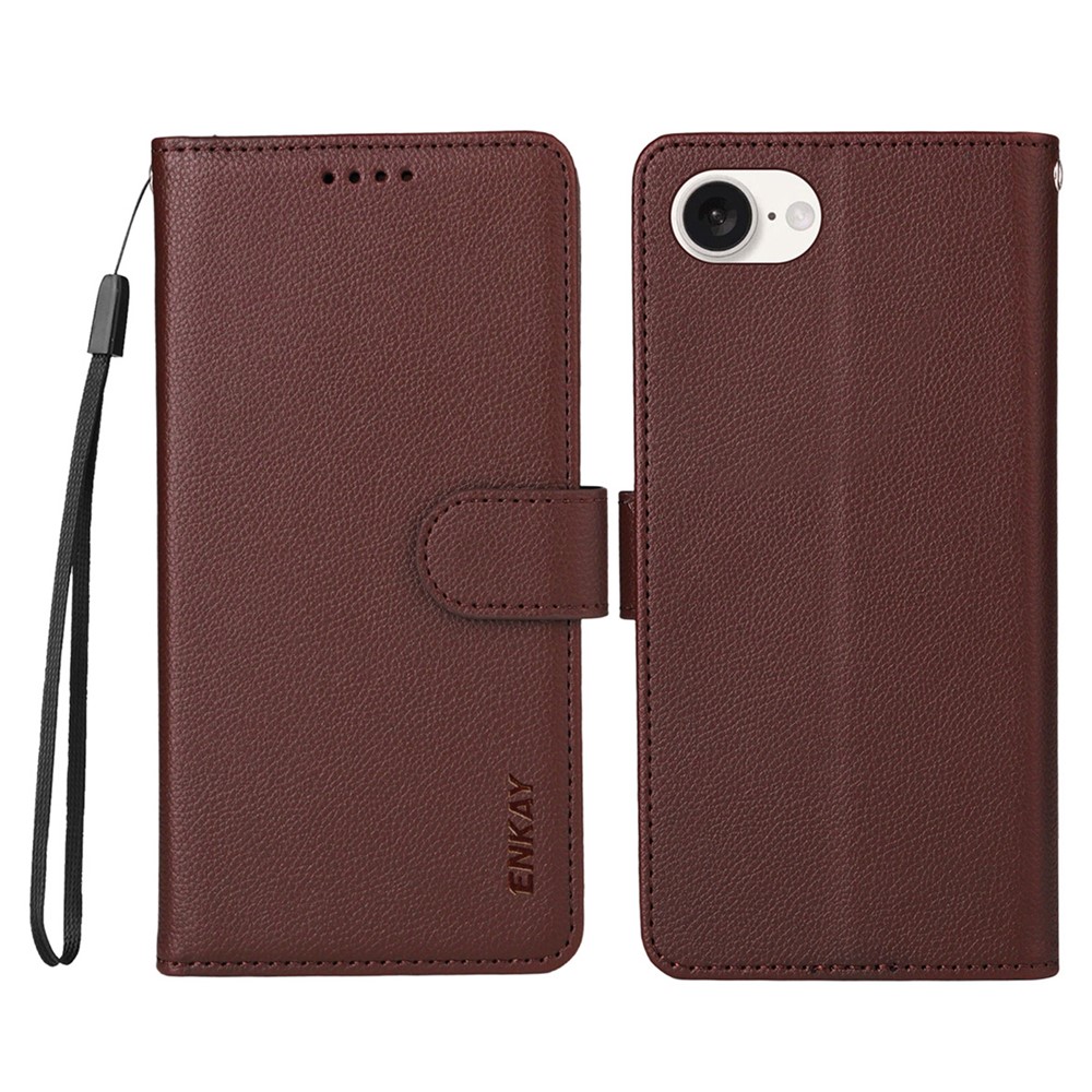 ENKAY HAT PRINCE For iPhone 16e Wallet Case with Strap RFID Blocking Leather Stand Phone Cover - Brown