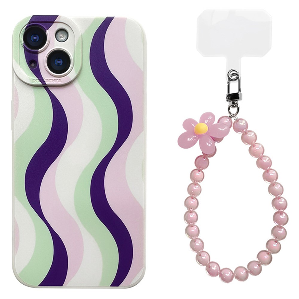 For iPhone 15 Case with Phone Tether Tabs Protective TPU Phone Cover Wave Pattern Design - Pink / Pink