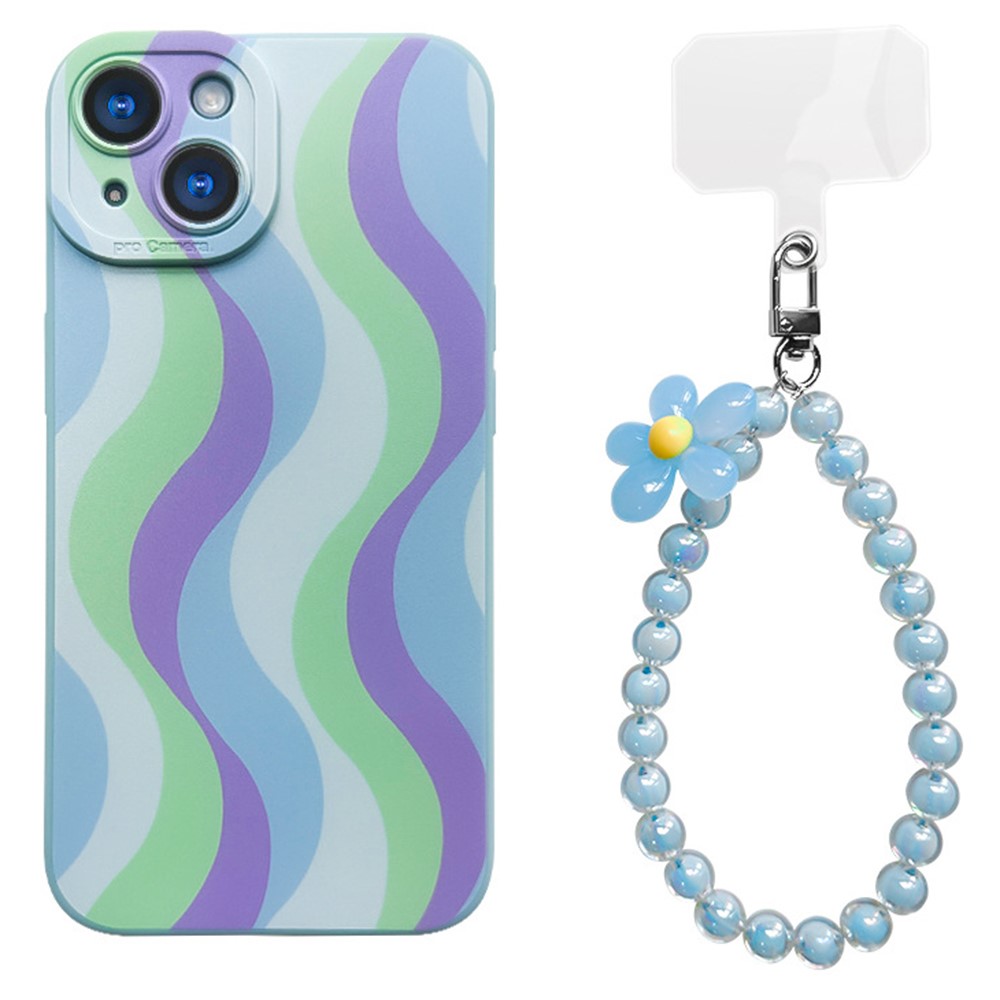 For iPhone 15 Plus Case with Phone Tether Tabs Protective TPU Phone Cover Wave Pattern Design - Purple / Blue