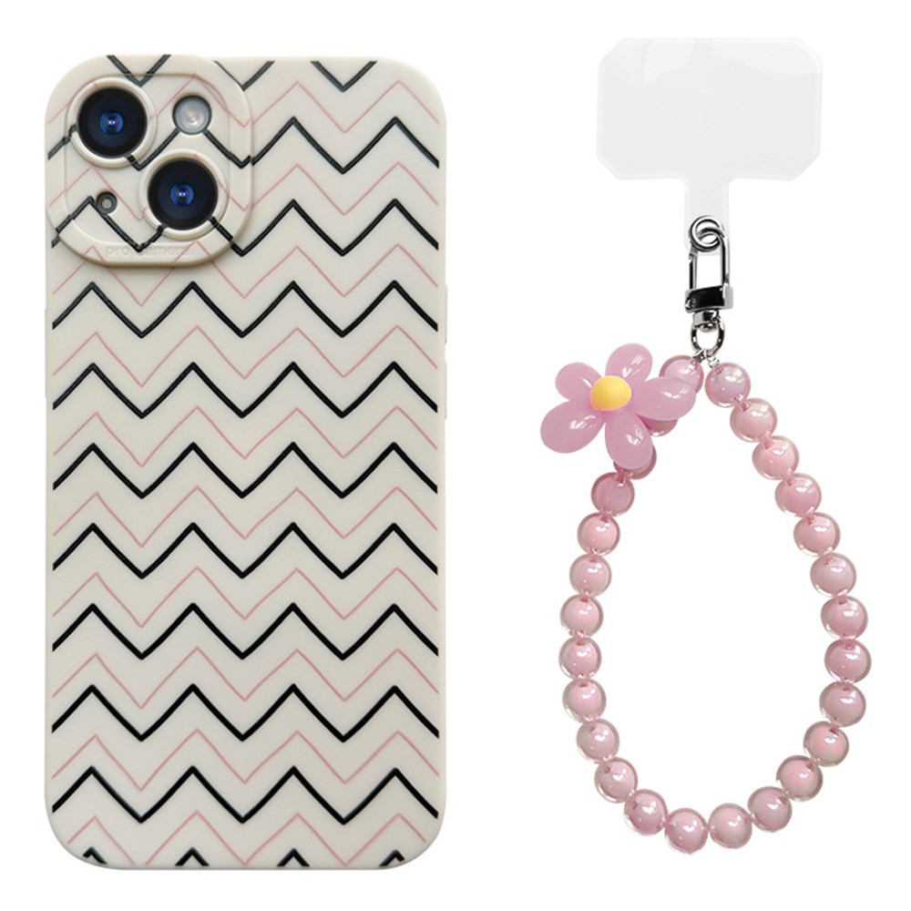 For iPhone 15 Plus Case with Phone Tether Tabs Protective TPU Phone Cover Wave Pattern Design - Black / Pink
