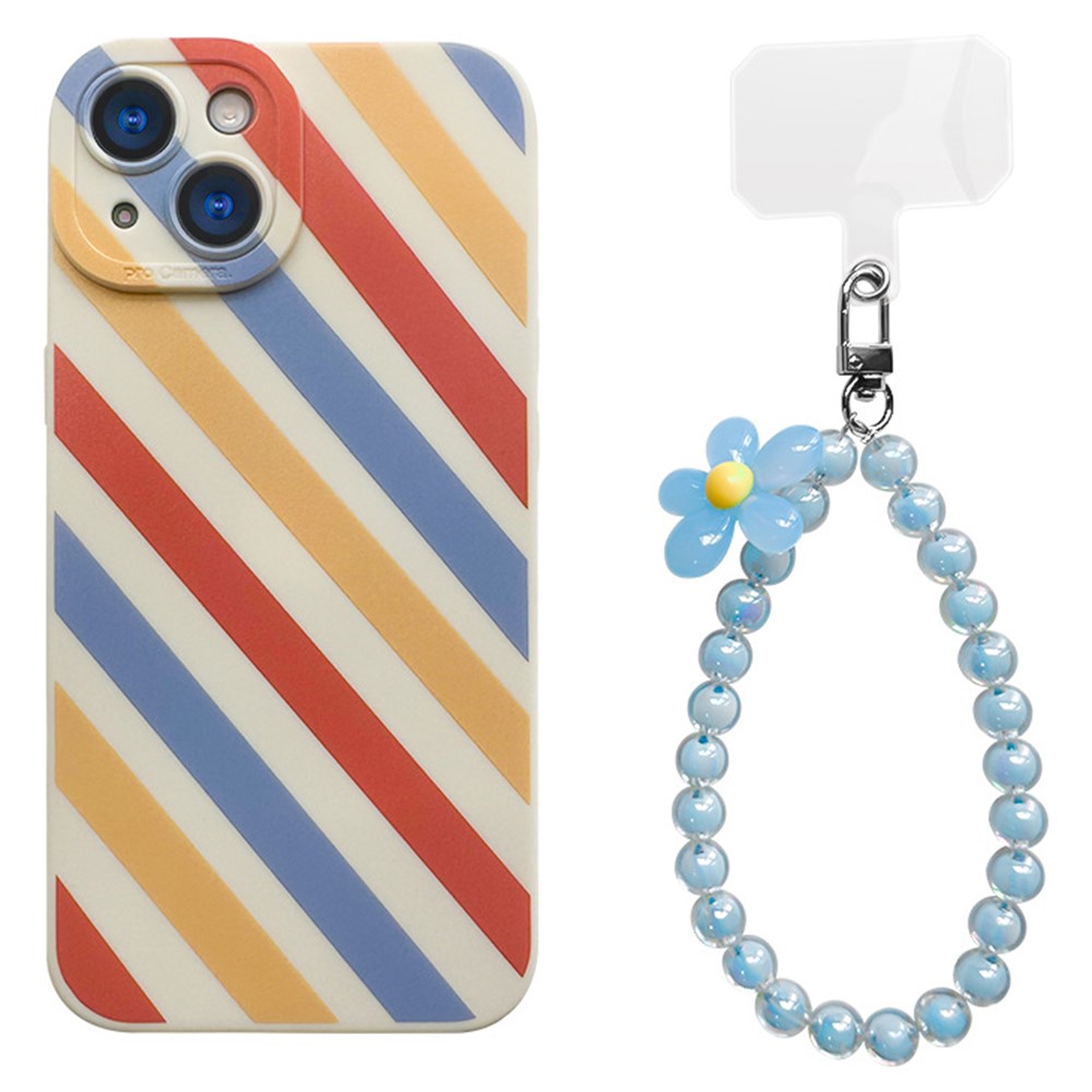 For iPhone 15 Plus Case with Phone Tether Tabs Protective TPU Phone Cover Wave Pattern Design - Red Yellow Blue / Blue