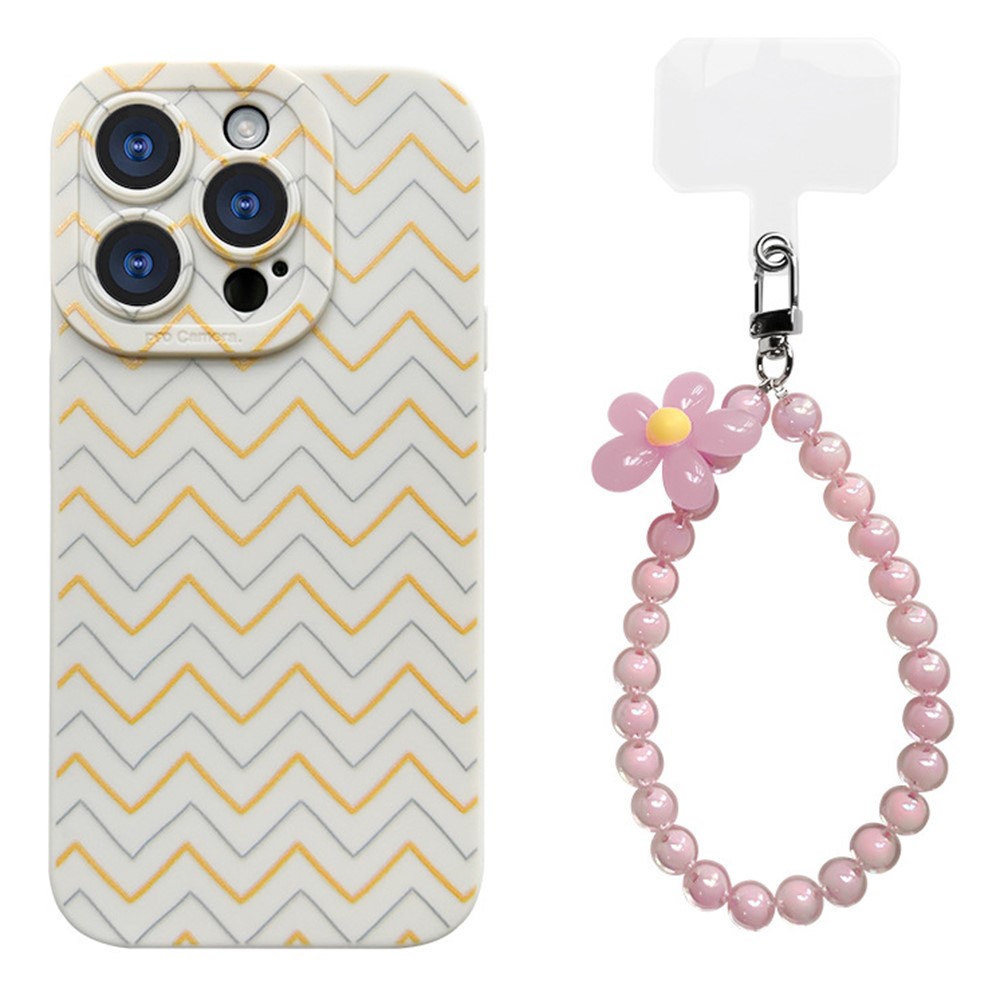 For iPhone 16 Pro Case with Phone Tether Tabs Protective TPU Phone Cover Wave Pattern Design - Yellow / Pink