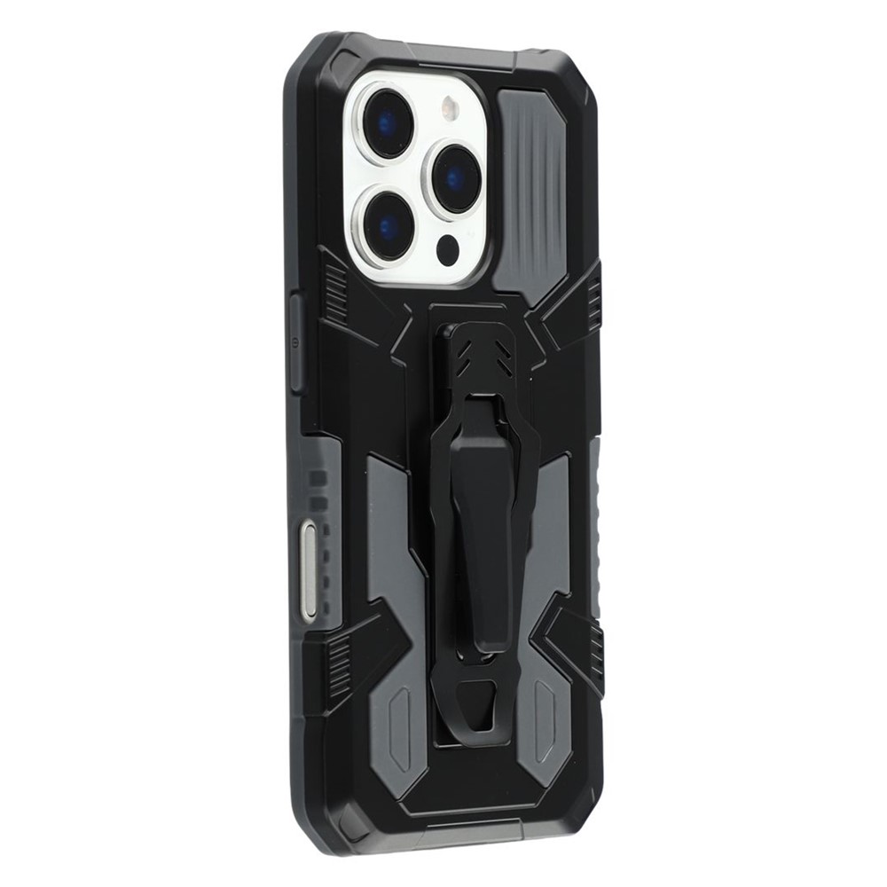 For iPhone 16 Pro Case with Kickstand Belt Clip Design TPU + PC Phone Back Cover - Grey