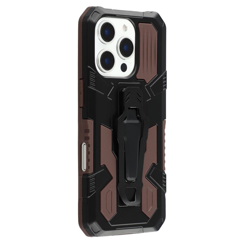For iPhone 16 Pro Case with Kickstand Belt Clip Design TPU + PC Phone Back Cover - Coffee