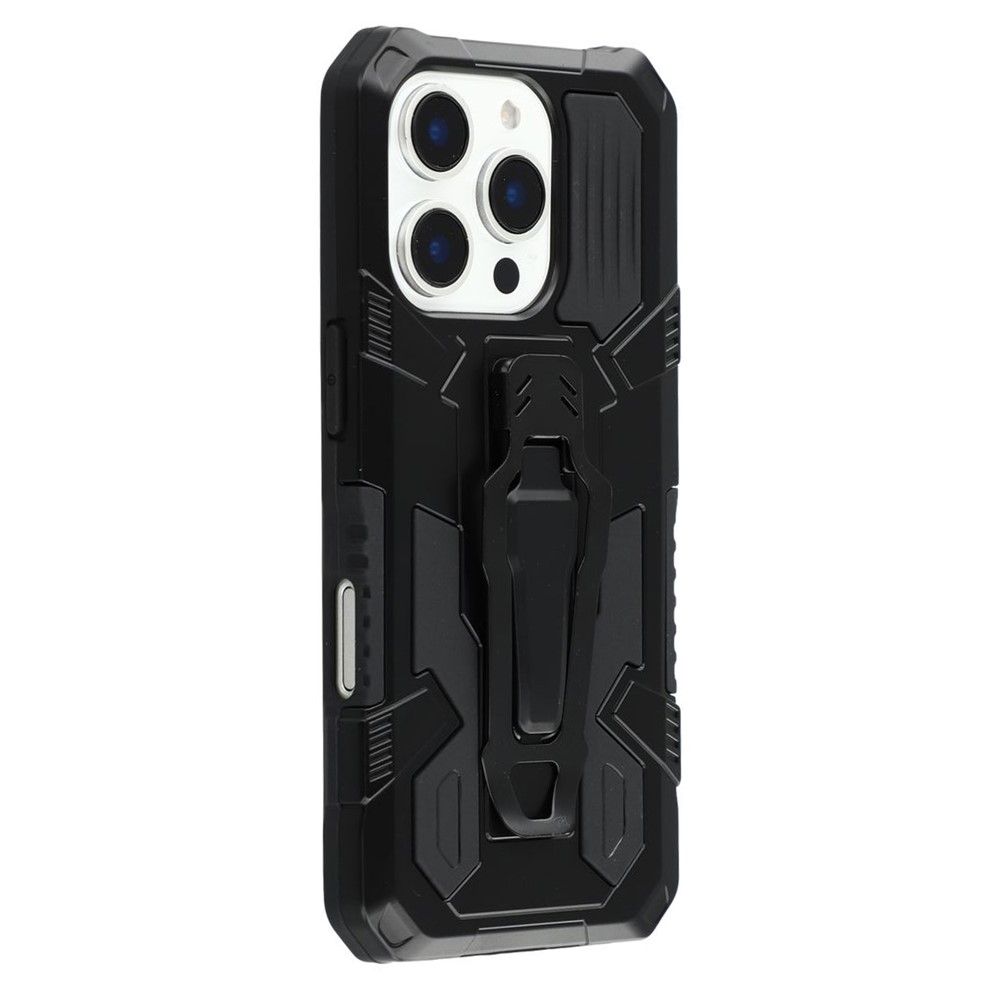 For iPhone 16 Pro Case with Kickstand Belt Clip Design TPU + PC Phone Back Cover - Black