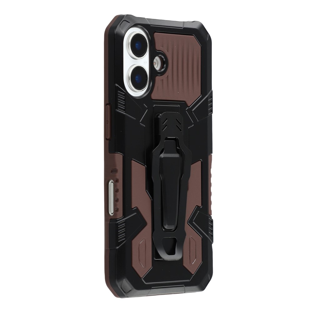 For iPhone 16 Plus Case with Kickstand Belt Clip Design TPU + PC Phone Back Cover - Coffee