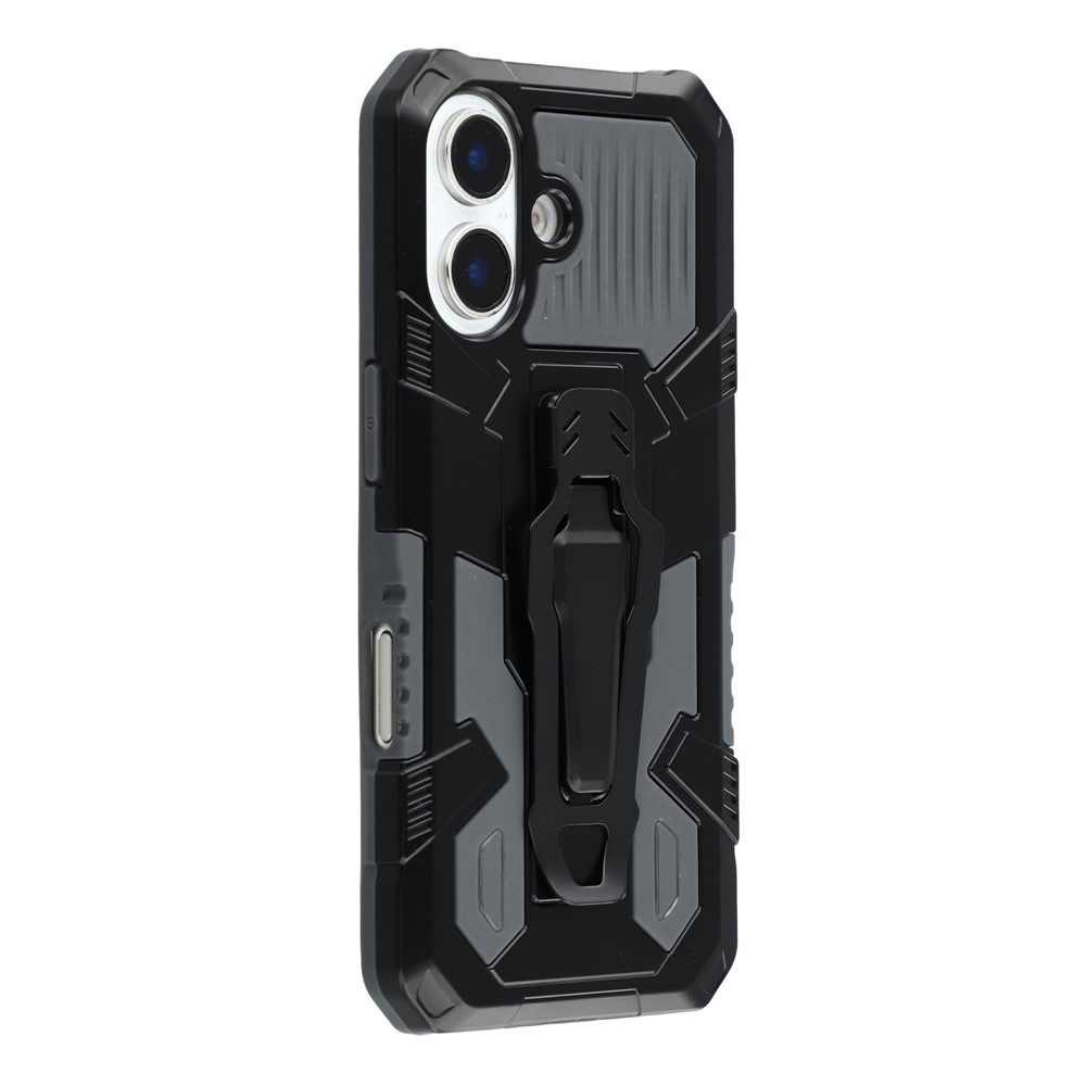 For iPhone 16 Plus Case with Kickstand Belt Clip Design TPU + PC Phone Back Cover - Grey