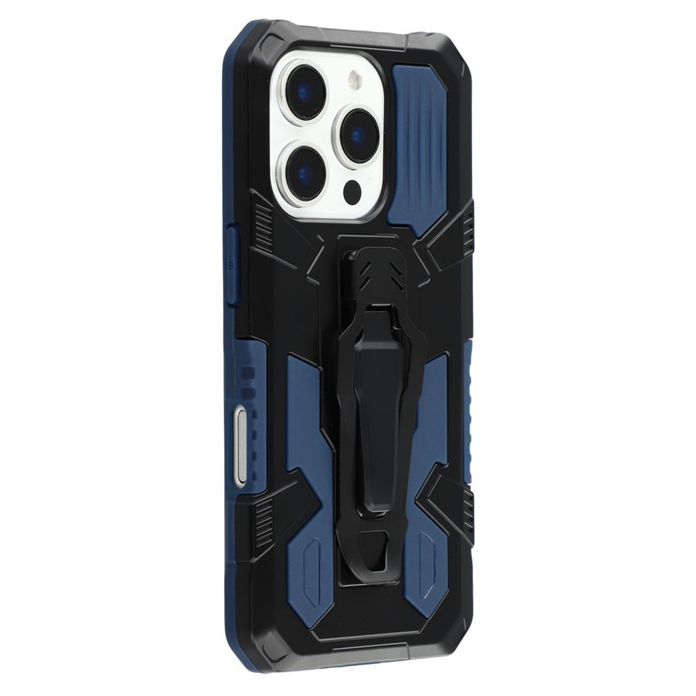 For iPhone 16 Pro Max Case with Kickstand Belt Clip Design TPU + PC Phone Back Cover - Blue