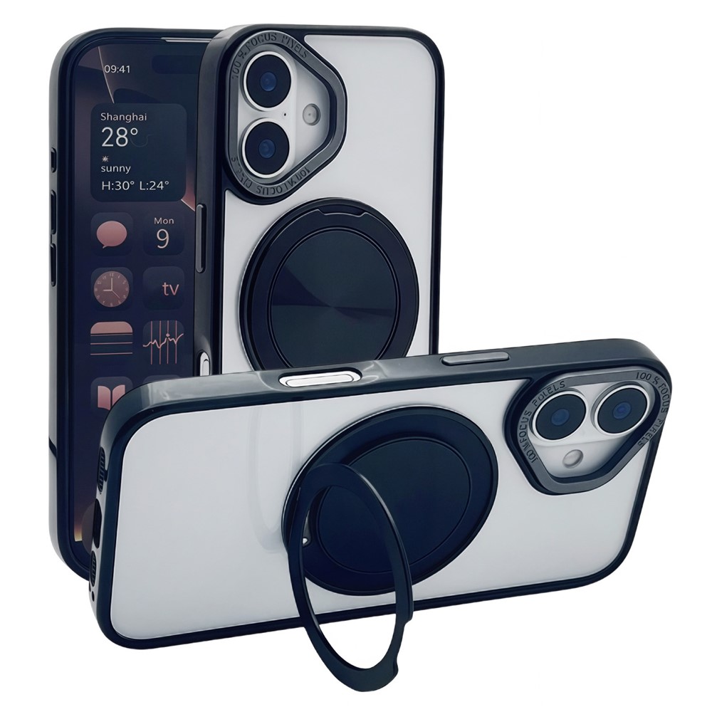 For iPhone 16 Plus Magnetic Case Acrylic TPU Phone Back Cover with Kickstand - Black