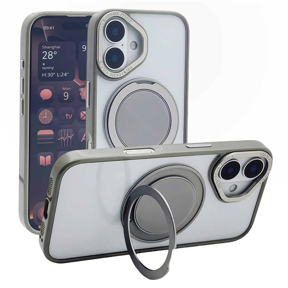 For iPhone 16 Plus Magnetic Case Acrylic TPU Phone Back Cover with Kickstand - Grey