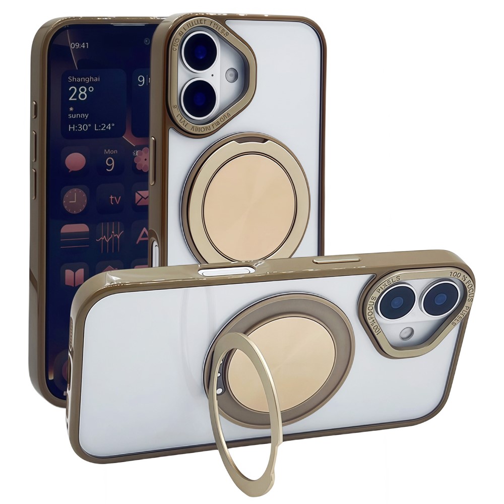For iPhone 16 Plus Magnetic Case Acrylic TPU Phone Back Cover with Kickstand - Desert Gold