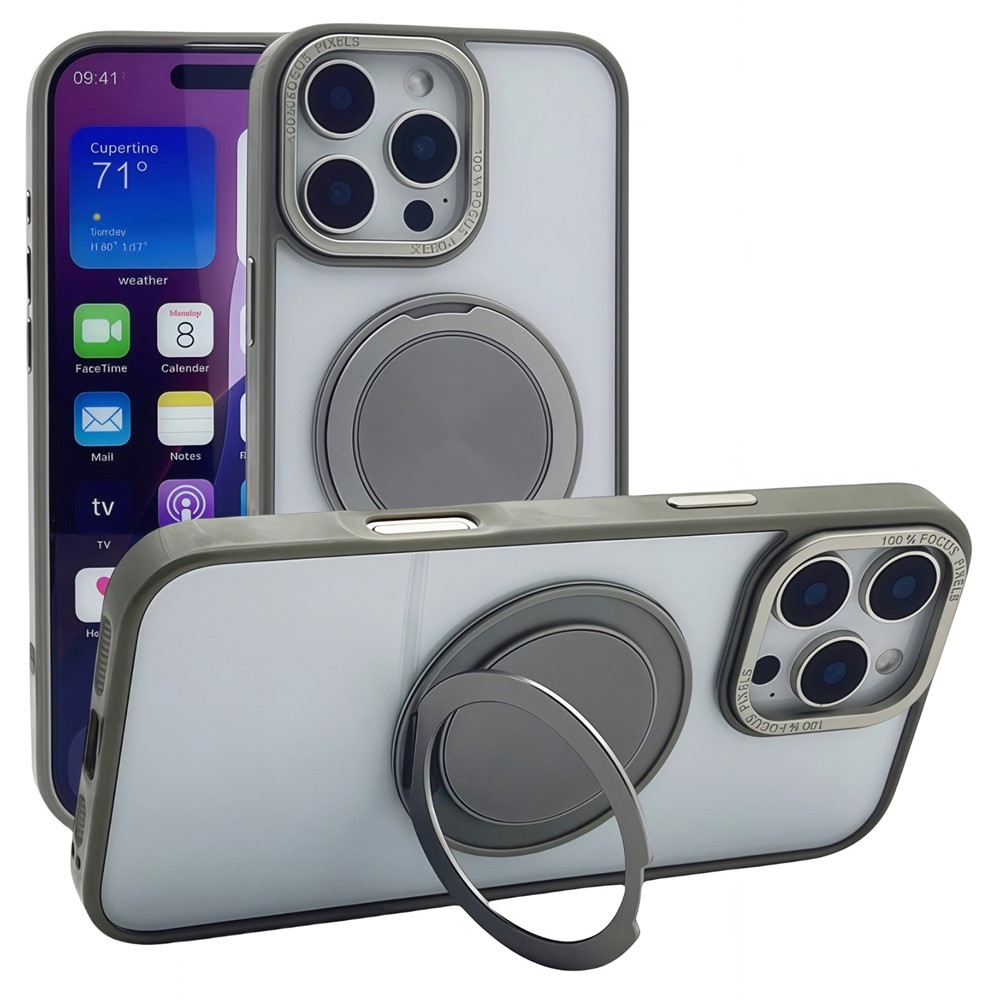 For iPhone 15 Pro Max Magnetic Case Acrylic TPU Phone Back Cover with Kickstand - Grey