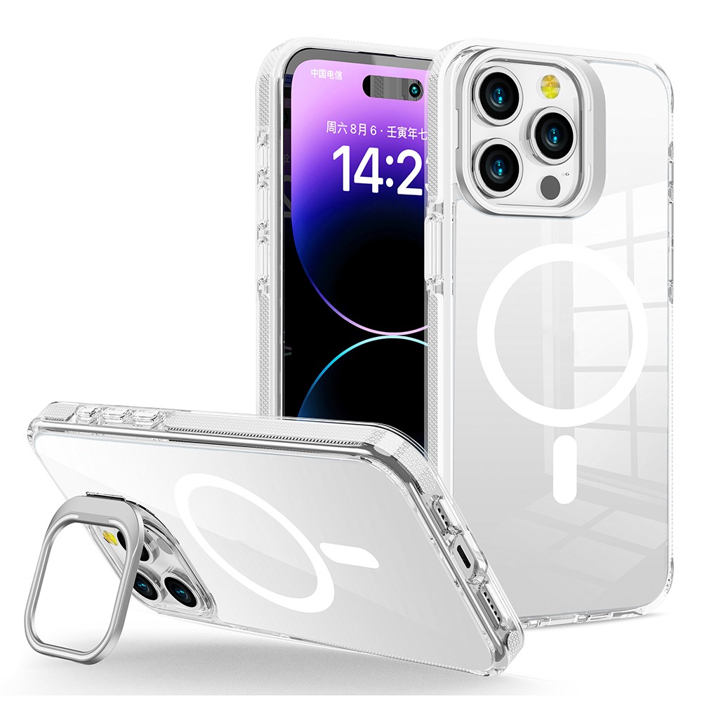 For iPhone 15 Pro Max Case Compatible with MagSafe TPU + PC Phone Cover with Lens Kickstand - White