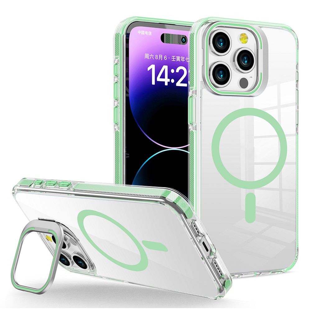 For iPhone 15 Pro Max Case Compatible with MagSafe TPU + PC Phone Cover with Lens Kickstand - Matcha Green