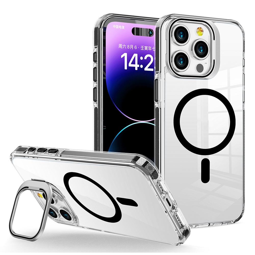 For iPhone 15 Pro Max Case Compatible with MagSafe TPU + PC Phone Cover with Lens Kickstand - Black